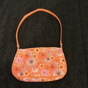 Shoulder bag floral print orange pink white and hints of purple